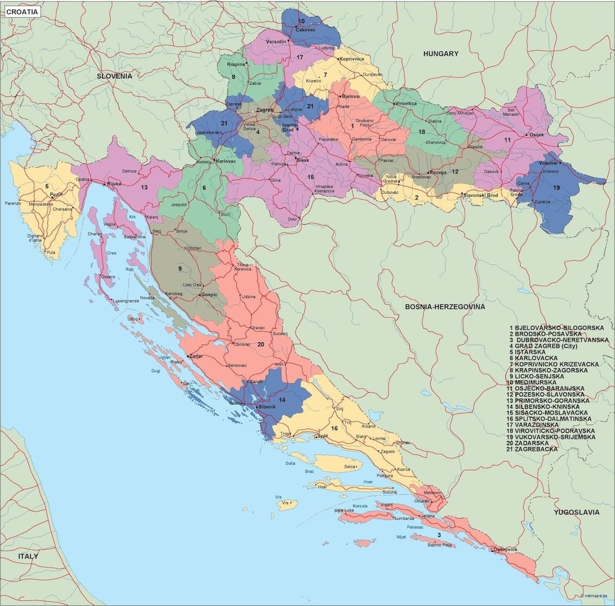 քարտեզը վեկտոր Խորվաթիա քարտեզ