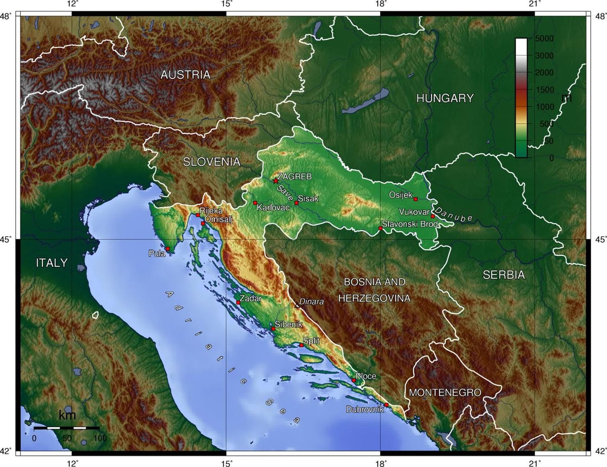 աշխարհագրություն Խորվաթիայի քարտեզի վրա