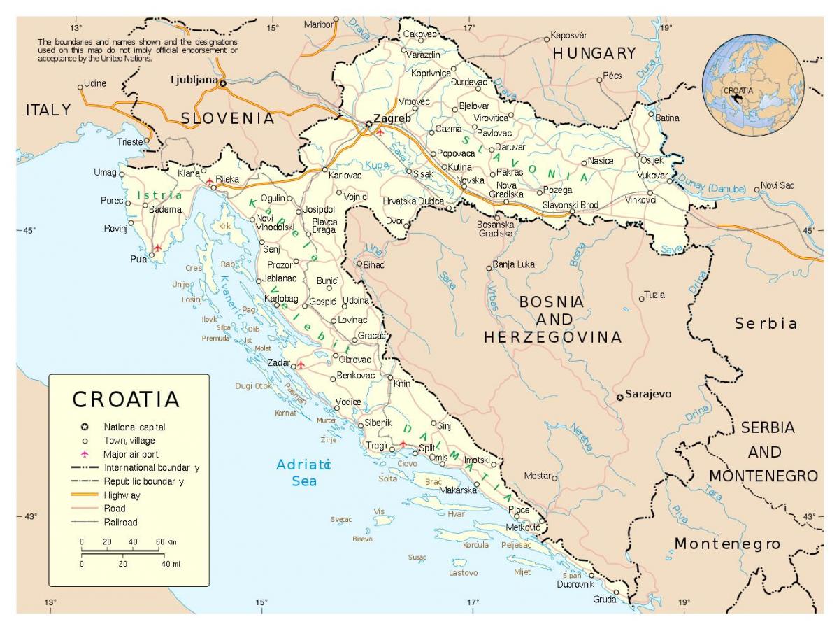 քարտեզ Խորվաթիայի քաղաքների հետ