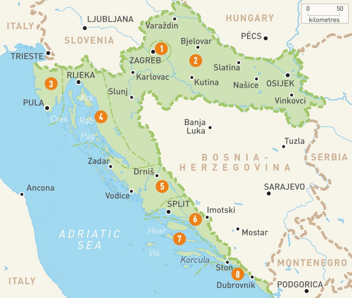 քարտեզը եւ Խորվաթիայի կղզիներ