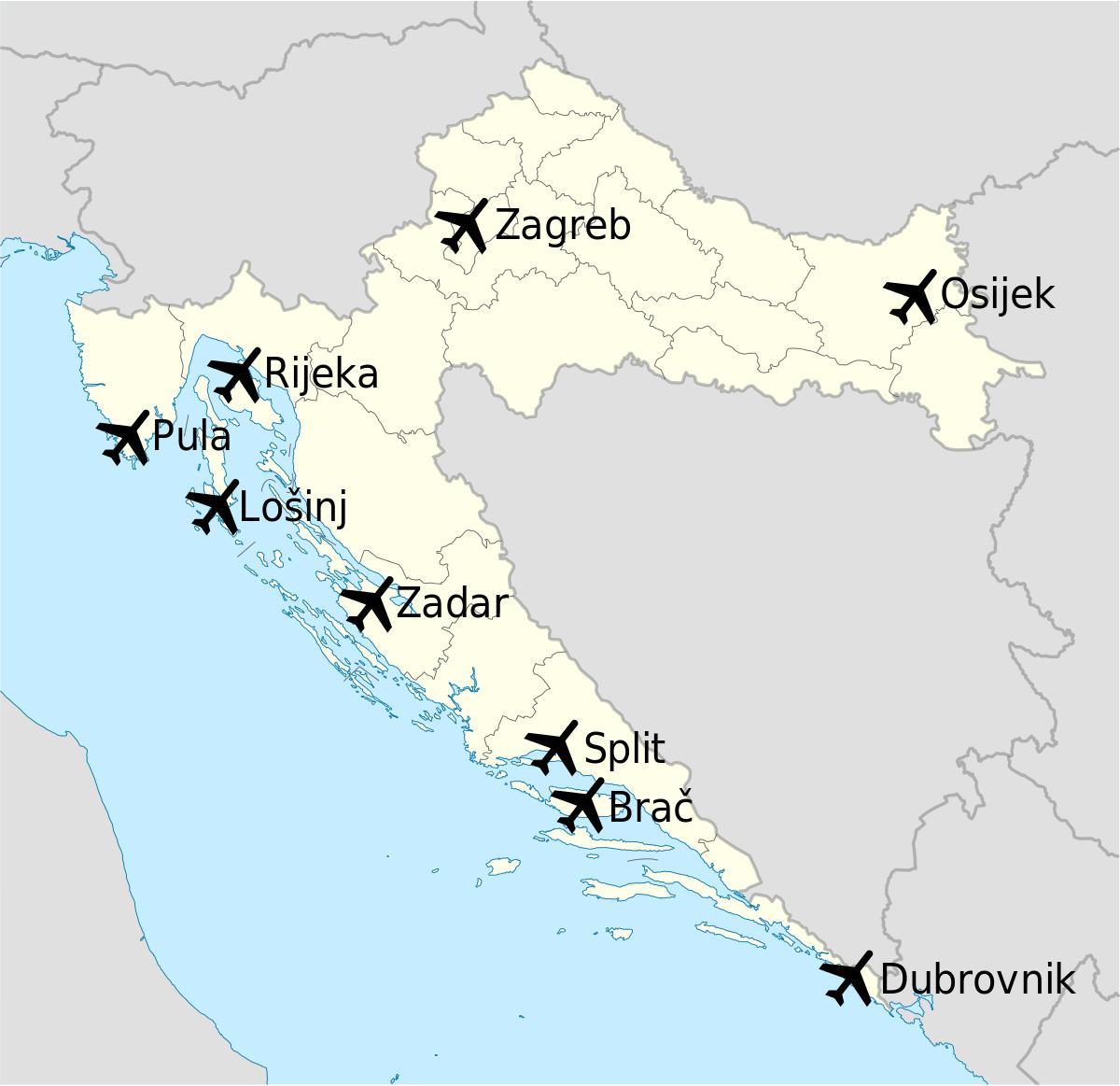 քարտեզ Խորվաթիայի ի ցույց տալով օդանավակայանների